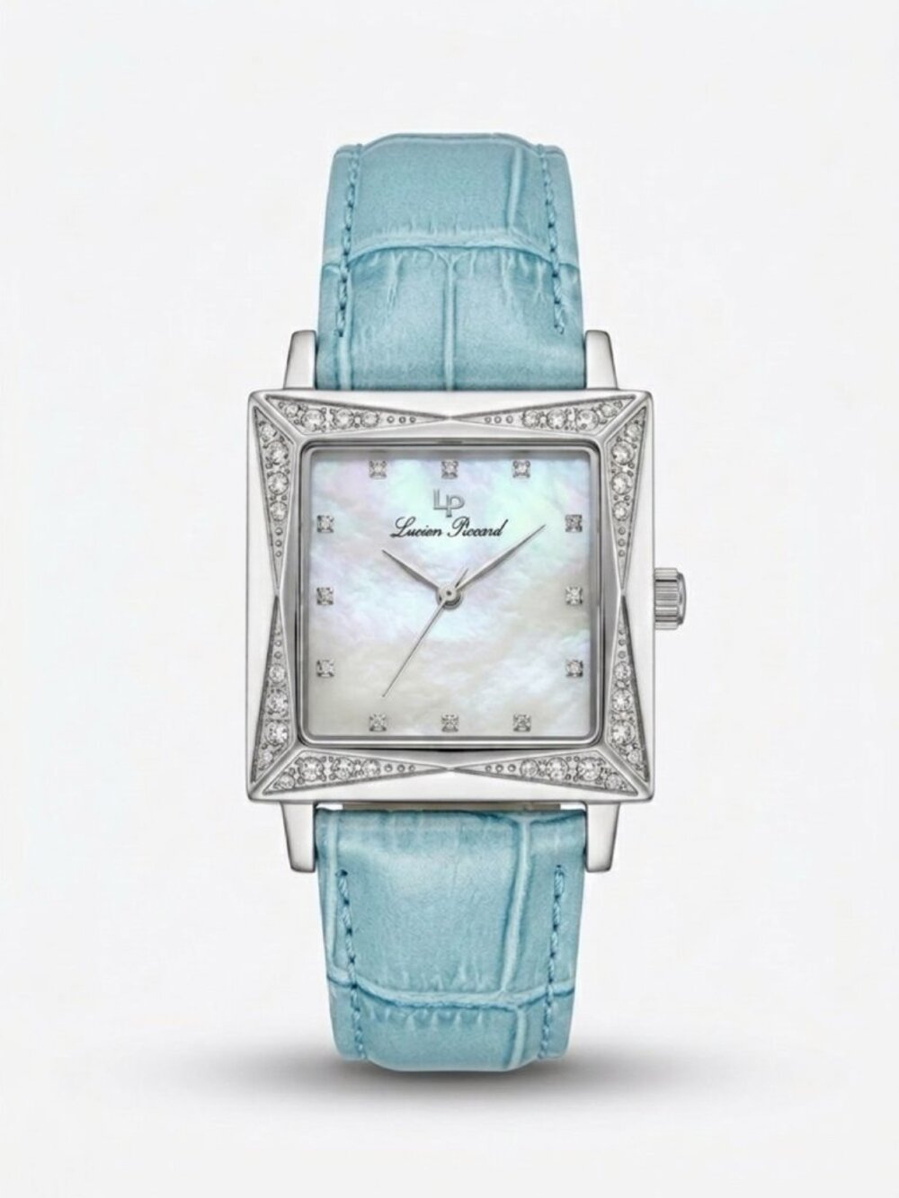 Lucien Piccard Watch with a seafoam leather band. Silver with faux diamonds.